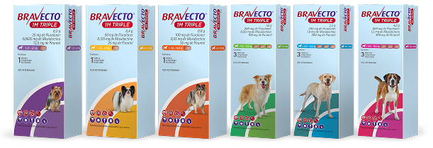 Bravecto 1M Triple para perros en sus presentaciones por peso