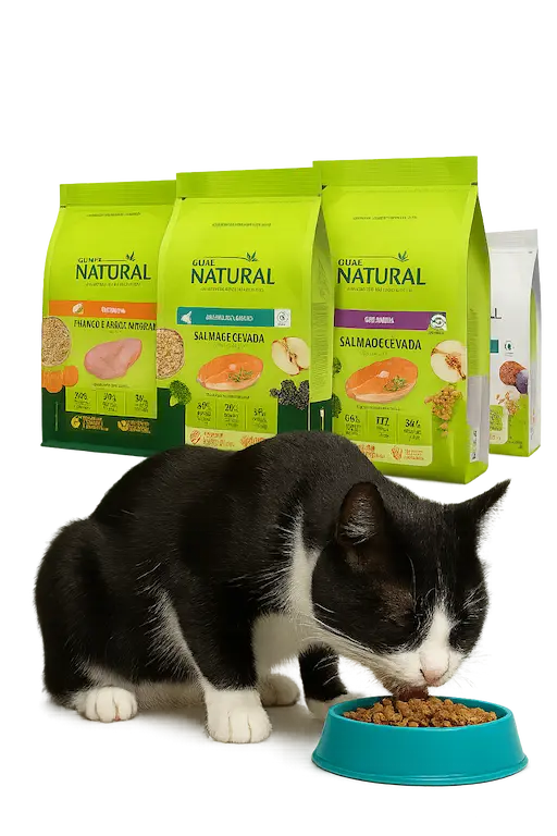 Gato comiendo Guabi Natural con bolsas del producto